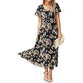 Simplee Womens Floral Maxi Dress Short Sleeve Summer Boho Wedding Guest Dress Empire Waist Chiffon Modest Midi Dresses