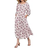 Women 3/4 Sleeve Straight Loose Fit Long Floral Tie Front Holiday Elegant Rayon Dress with Pockets