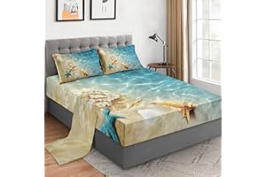 WeCozy Queen Size 4 Pcs Bed Fitted Sheet Set with 14" Deep Pocket, Summer Seashell Beach Flat Sheet Set for Kids and Adults, Blue Sea Shell Animal Bedding with 2 Pillowcases for Bedroom Decor