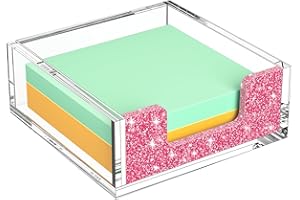 Rulyyo Acrylic Notepad Dispenser Organizer - 3 x 3 in Clear and Glitter Pink Sticky Note Holder W/O Pads Memo Holder for Dorm Room School Classroom Office Desk Organizer Aesthetic Supplies