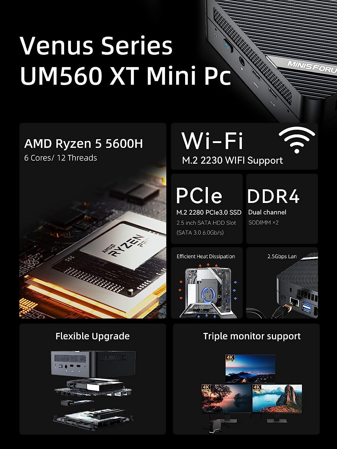 MINISFORUM Mini Server UM560 XT AMD Ryzen 5 5600H Mini PC 16GB RAM 512GB PCIe SSD Mini Computer, 2.5G Intel NIC, 2 X HDMI & USB-C, 6 X USB Port,Small Form Factor