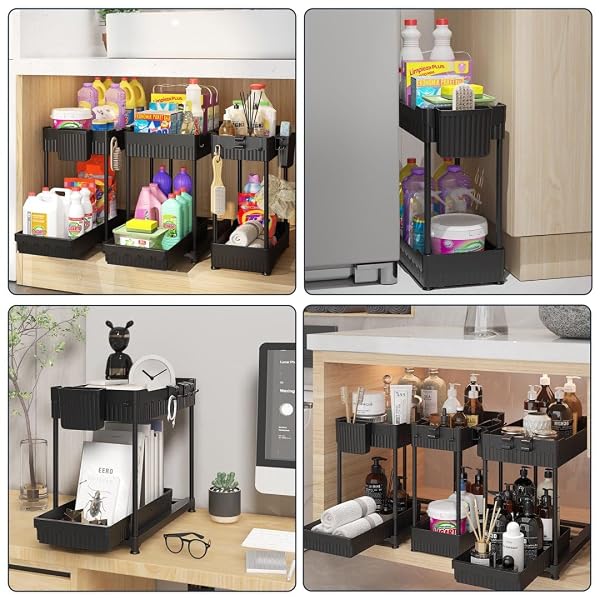 SEVENBLUE 3 PACK UNDER SINK ORGANIZERS,2-TIER MULTI-USE KITCHEN AND BATHROOM ORGANIZERS AND STORAGE WITH SLIDING DRAWERS,BATHROOM CABINET ORGANIZER (BLACK,12.8 INCH)