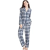 SIORO Button Up Pajama Set For Women Flannel Plaid Sleepwear Long Sleeve Shirt And Pajama Pants Soft Pjs Lounge Sets