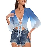 Women's Short Cardigan Bolero Shrug Sheer Tie Front Top 3/4 Sleeve Jacket for Dress