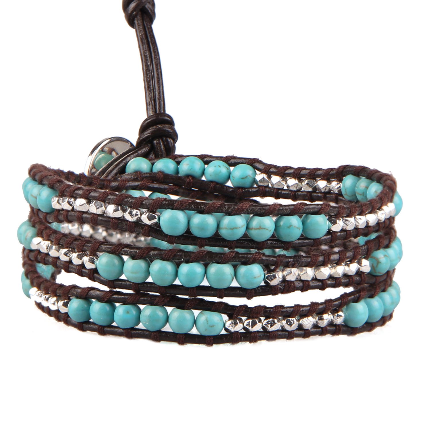 KELITCH Turquoise Silver Plated Mix Beaded 3 Wraps Bracelet Handmade Leather Bracelets New Jewelry (Turquoise)