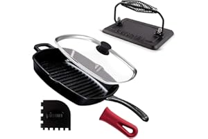 Cuisinel Cast Iron Grill Pan + Rectangular Cast Iron Grill Press + Tempered Glass Lid + Pan Scraper – Pre-Seasoned Ribbed Ski