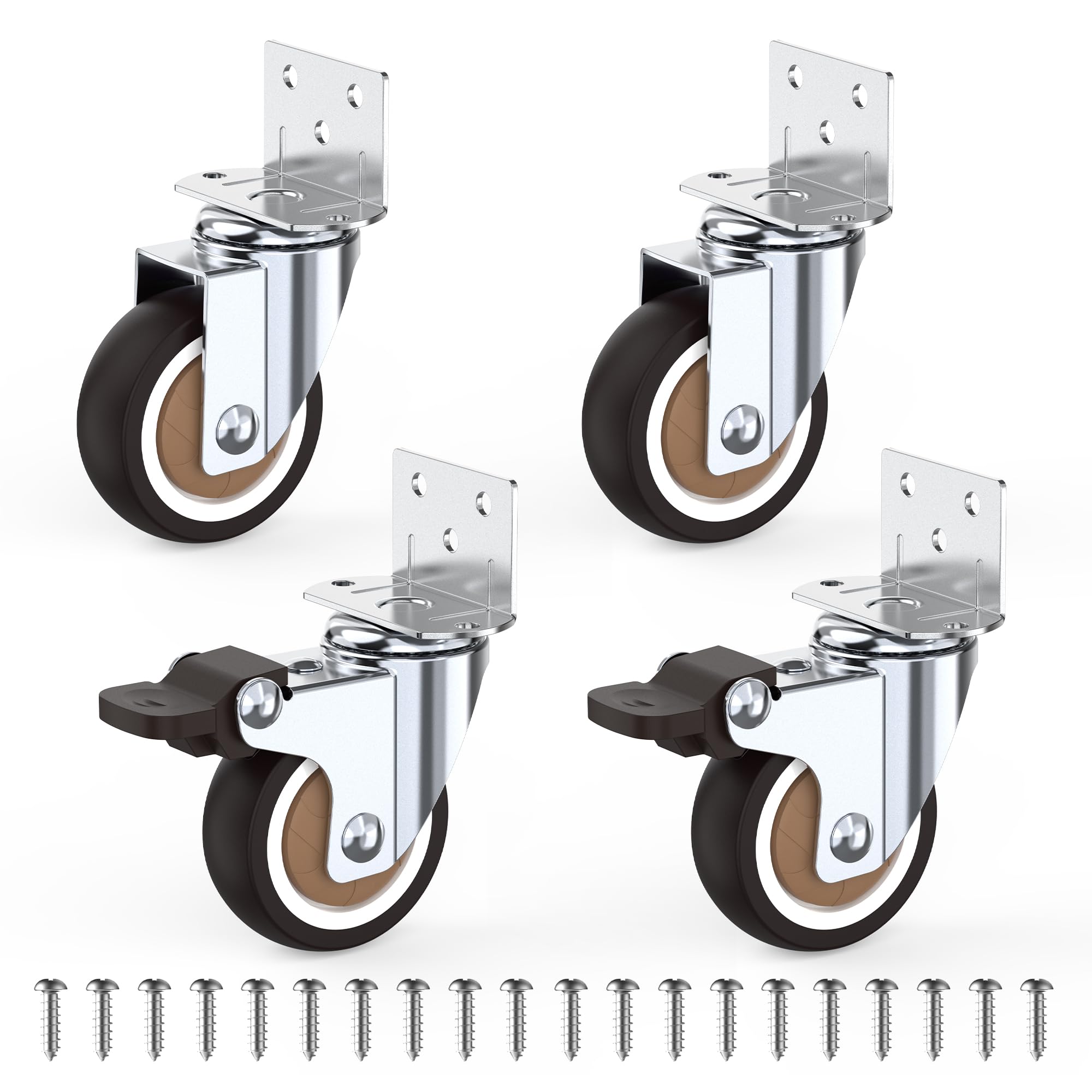 HOLKIE Side Mount Castors Wheels 50 mm with Heavy Duty Thickened L-Shaped Plate Rubber Trolley Wheels with 2 Brakes Holding 115 Kg Ideal for Furniture,Plant Stand,Cribs