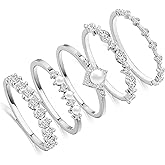 DEARMAY Stackable Silver Plated Rings for Women Non Tarnish, Dainty Sterling Silver Diamond Pearl Rings Set Thumb Fashion Thin Cubic Zirconia Simple Unique Statement Ring Pack Women Jewlery 6/7/8/9/10