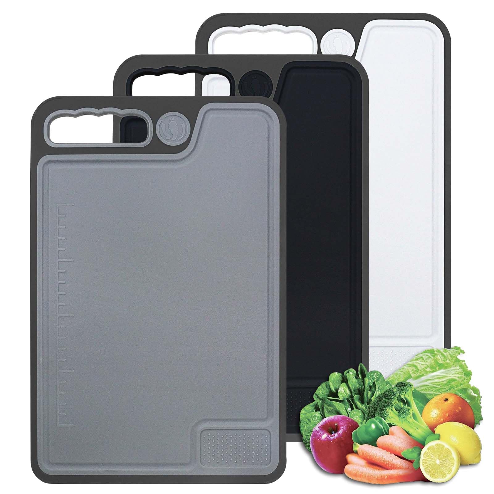 Chopping Board Set, Plastic Chopping Boards with Juice Grooves and Non-Slip Feet & Easy-Grip Handles, BPA-Free Non-Porous, Kitchen Cutting Boards for Meat, Veggies, Fruit, Seafood (3 Pack)