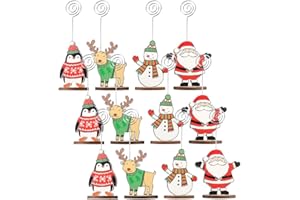 LucyPhy 12Packs Christmas Wood Place Card Holders with Swirl Wire and 20Pcs Kraft Place Cards, Wooden Table Memo Photo Picture Number Sign Stands Holder for Party Table Decorations