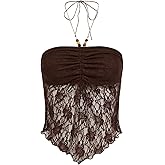 Floerns Women's Beaded Halter Ruched Lettuce Trim Ruched Cami Crop Tube Top
