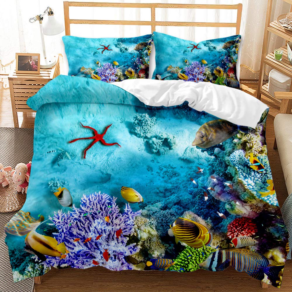 AOXHFNV Bed Linen for Sea Turtles, 135 x 200 cm, Blue Underwater World Theme Starfish, Small Fish and Coral Red Pattern Duvet Cover for Children, Boys, Girls (Starfish)