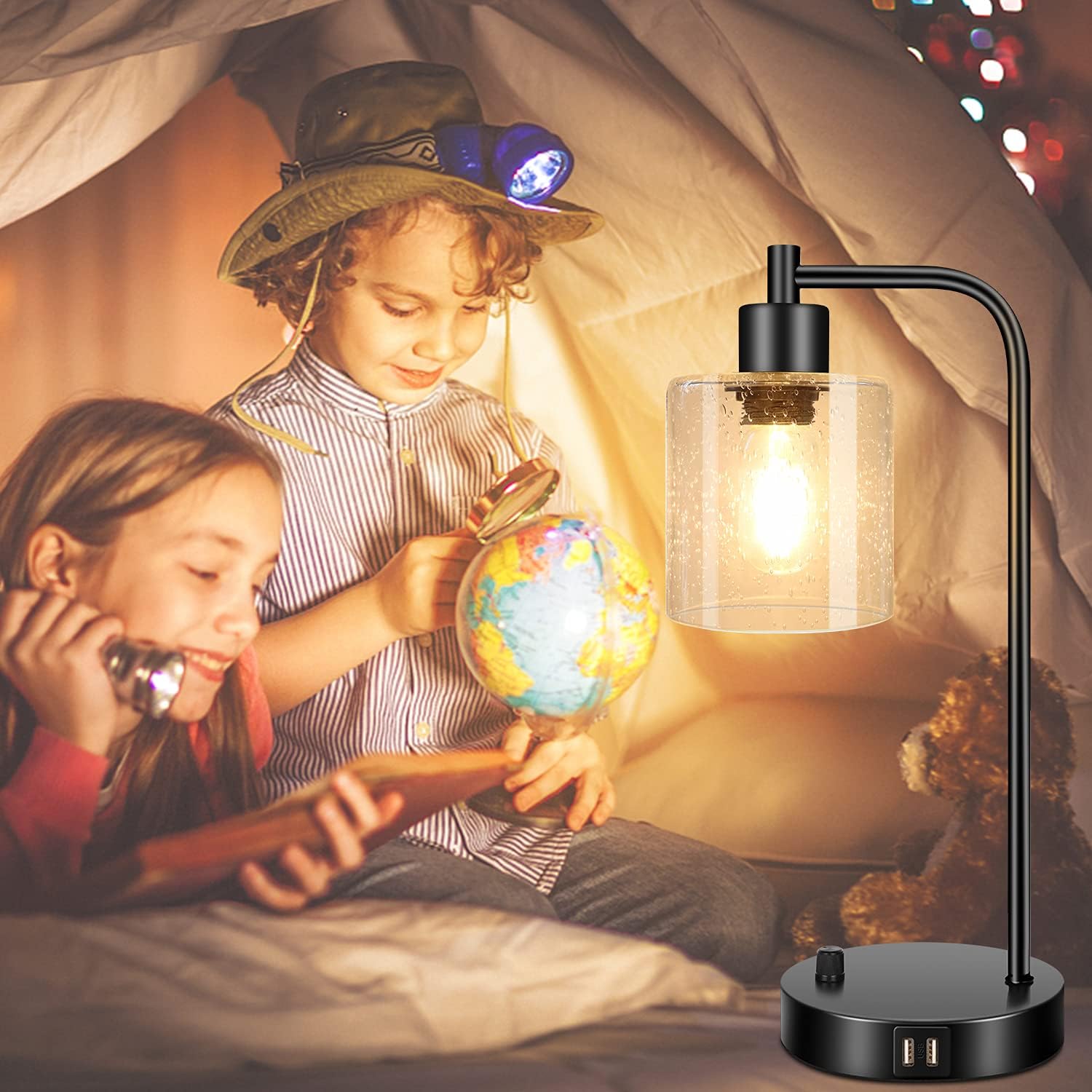 Set of 2 Industrial Table Lamps with 2 USB Port, Fully Stepless Dimmable Lamps for bedrooms, Bedside Nightstand Desk Lamps with Seeded Glass Shade for Reading Living Room Office 2 LED Bulb Included - - 