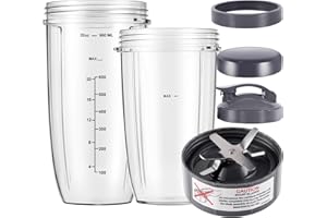 Equust 6-pieces Blender Replacement Parts, 32oz & 24oz Cups Extractor Blade with Stay-fresh Lid To-Go Lid and Lip Ring, Replacement Cups for Nutri Bullet Blenders 600w & Pro 900w