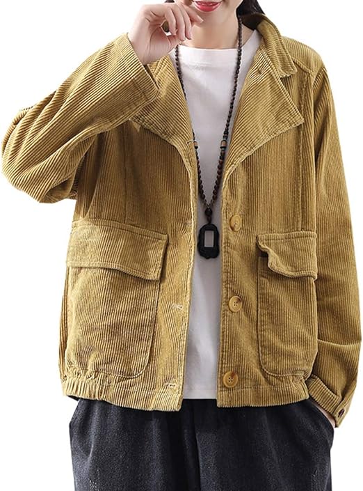 Amazon Yunhen アウター レディース コーデュロイ ジャケット 長袖 ゆったり ジャンパー カジュアル コート ショート丈 無地 おしゃれ 秋 大きいサイズ 通勤 3イエロー コート ジャケット 通販