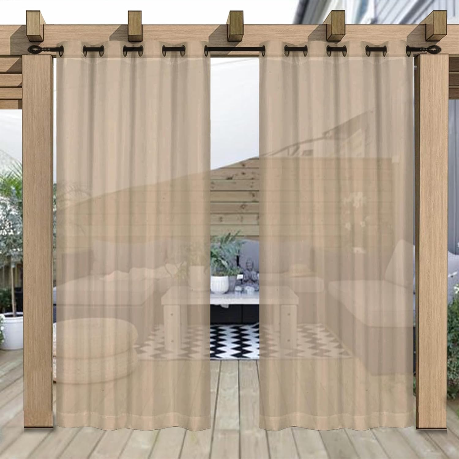 Outdoor Curtains - Heavyoff Outdoor Curtain for Patio, Khaki Linen Look Semi-Sheer Curtains Waterproof Light Filtering Voile Outside Grommet Drapes for Pergola Balcony Pool Indoor 1 Panel, W100 x L96