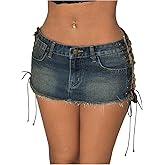 WDIRARA Women's Lace Up Side Bodycon Denim Mini Skirt Y2k Low Rise Frayed Hem Jean Skirts