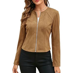 Faux Suede Jacket Women Slim Fit Zip Up Cropped Jackets Streetwear Coats