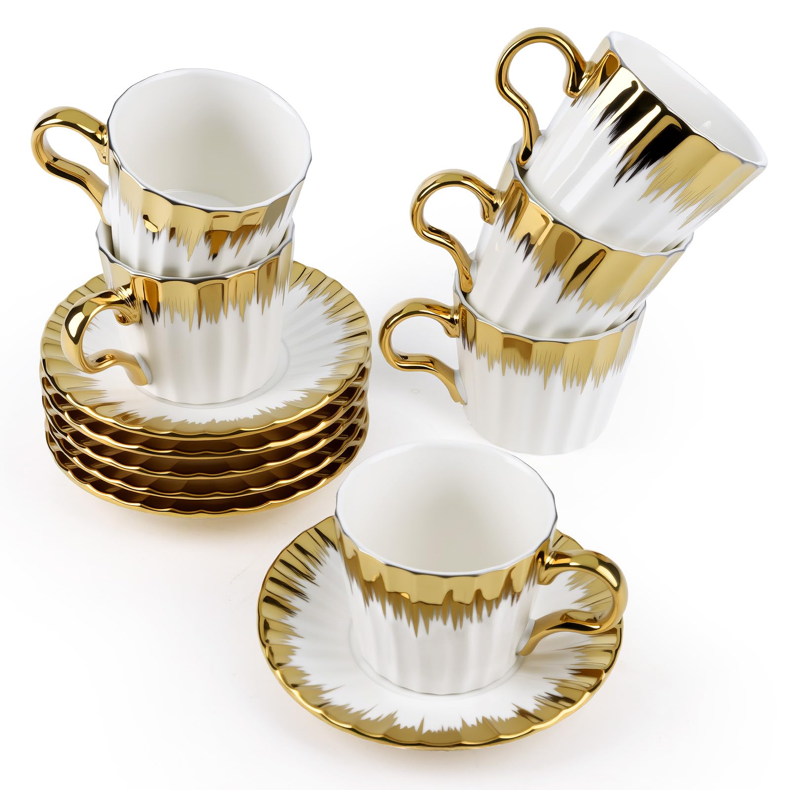 Photo 1 of Hebaogugu Coffee Cup Set of 6 with Saucers, 3.5 OZ Ceramic Espresso Cups, Deco Golden Turkish Coffee Cup Gift for Cappuccino, Latte, Cafe Mocha and Tea, Dishwasher & Microwave Safe (Gold Trim)