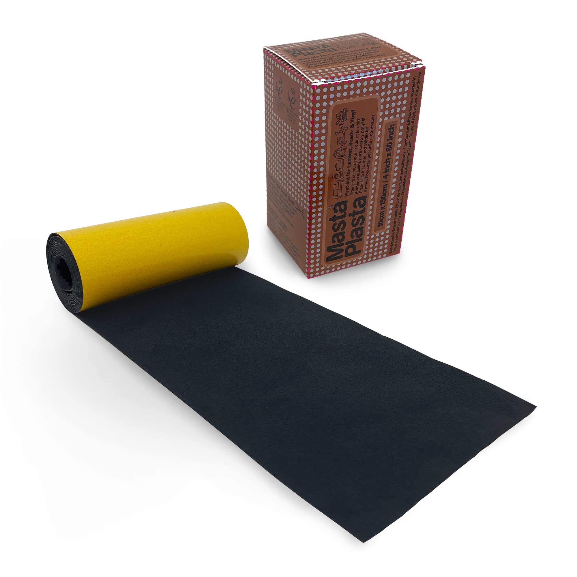 MastaPlasta Suede Repair Tape Roll - Black 150 x 10 cm (60in x 4in). The Original Upholstery-Quality Easy All-in-One Fabric Repair Kit for Suede and Velvet. Repairs holes, burns, stains