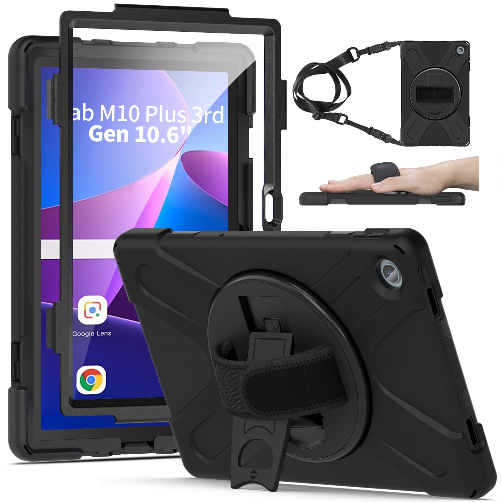 Gerutek Shockproof Case for Lenovo Tab M10 Plus 3rd Gen with Screen Protector 10.6 inch 2022, Tab M10 Plus 10.6 3rd Generation Heavy Duty Rugged Case with 360 Rotating Stand,Hand/Shoulder Strap,Black