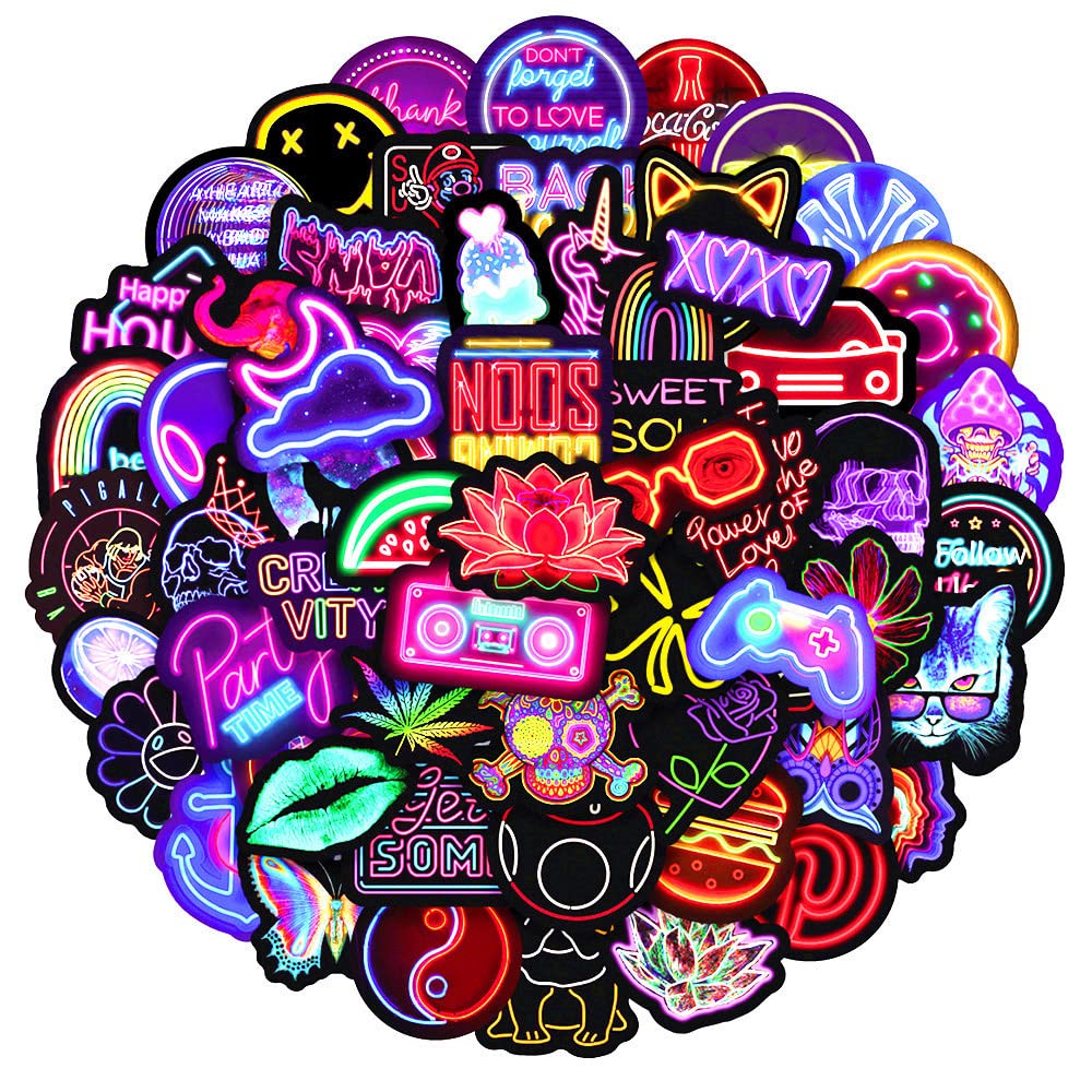 Sun Awesome Pack of 100 Cute Kawaii Anime Vinyl Stickers for Car Laptop Children Teenagers Adults (Neon Pattern)