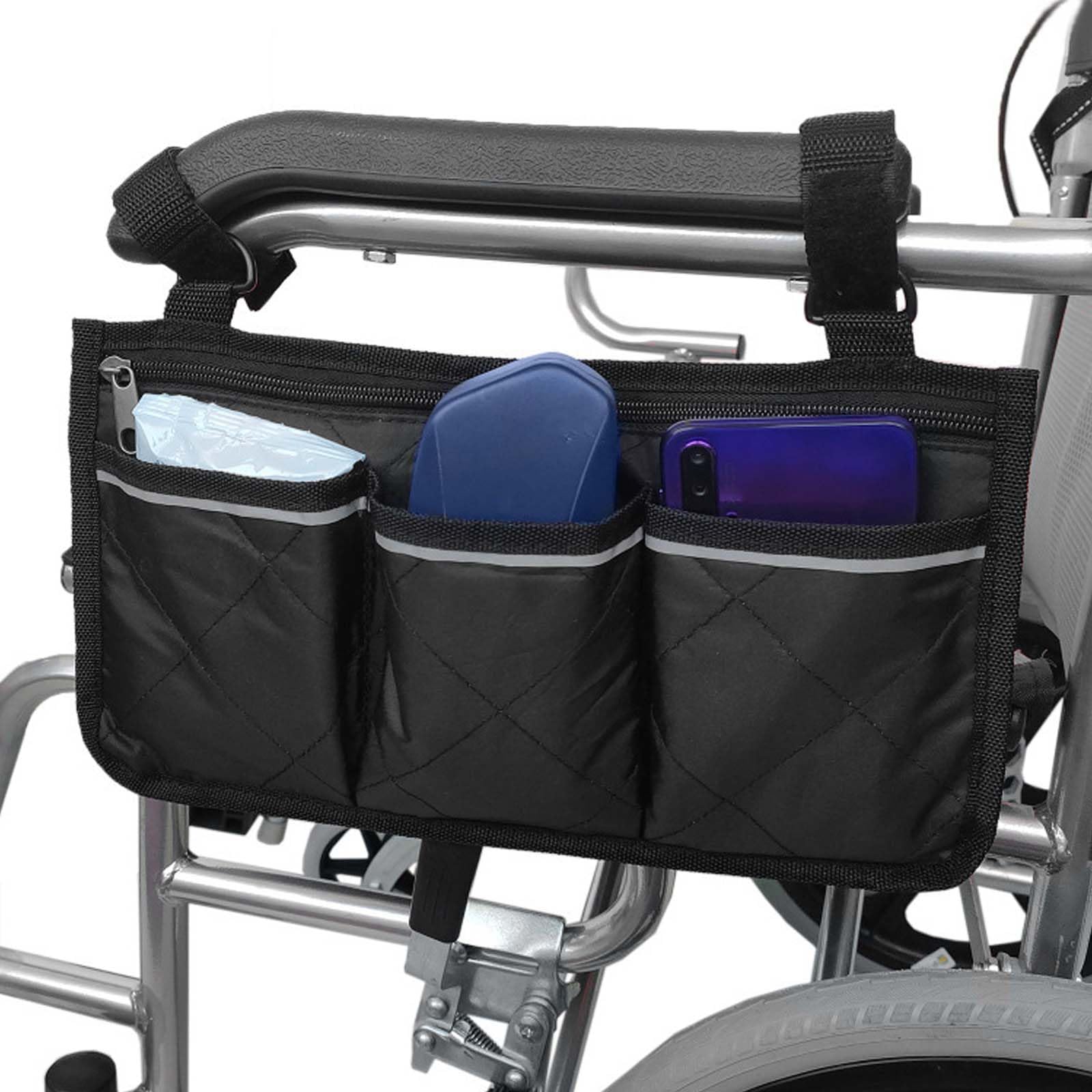 Wheelchair Side Bag with Pockets Mobility Aid Wheelchair Accessories Bag with Cup Holder and Reflective Strip for Most Wheelchairs, Walkers or Rollators