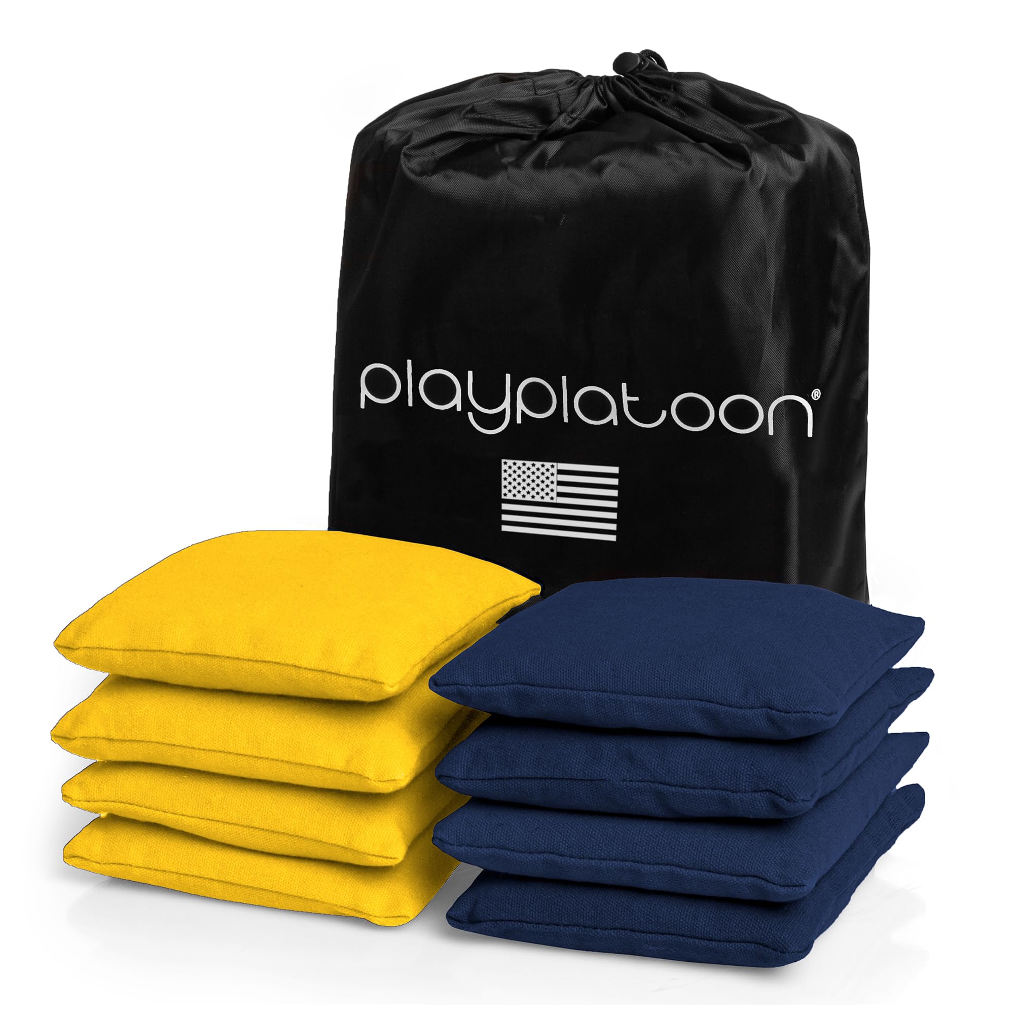 Play Platoon Weather Resistant Cornhole Bags - Set of 8 Regulation Corn Hole - Navy Blue & Yellow - Durable Duck Cloth Corn Hole for Tossing Game, Includes Tote Bag