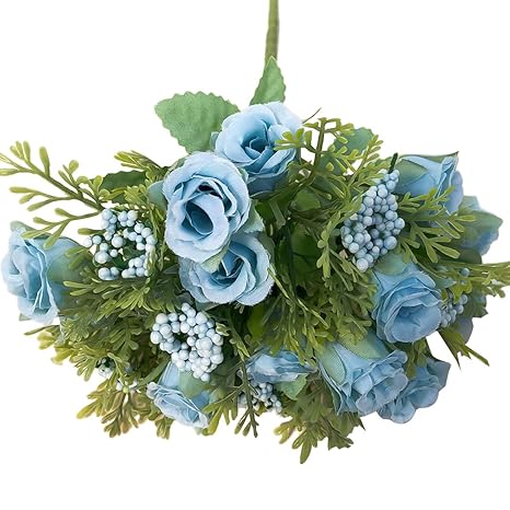 Luwu Store Fleurs Artificielles Soie Rose 13 Têtesbouquet Et Petits Bourgeons Fleur Compatible Pour Mariage Décoration De Fête De Voiture 1pc Bleu