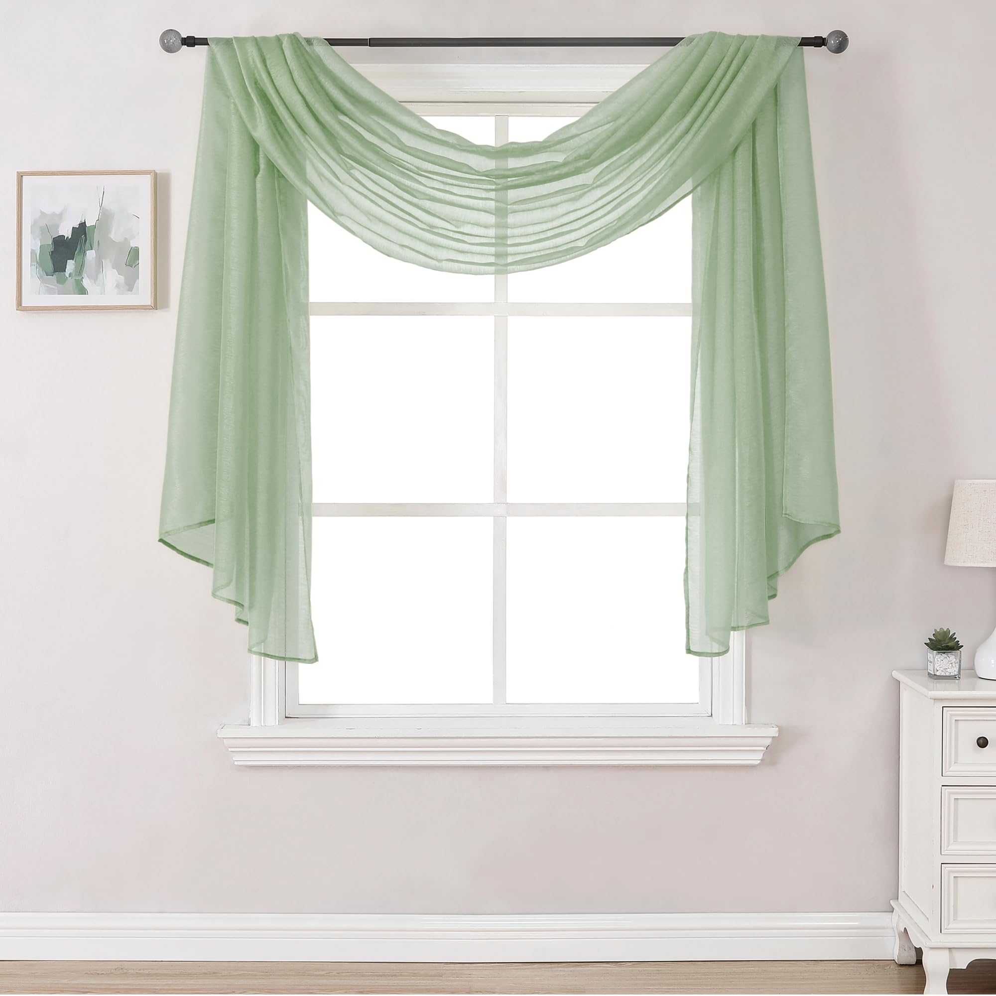 DONREN 144 Inches Long Window Scarf for Party - Luxury Soft Semi Sheer Scarf Valance for Wedding (1 Panel,Sage Green)