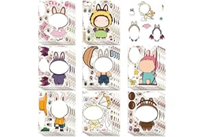 for LABUBU Stickers 32 Sheets - Make-a-Face Sticker 4 Sets of Repeated 8 Characters, Interchangeable Eyes & Mouths, Waterproo