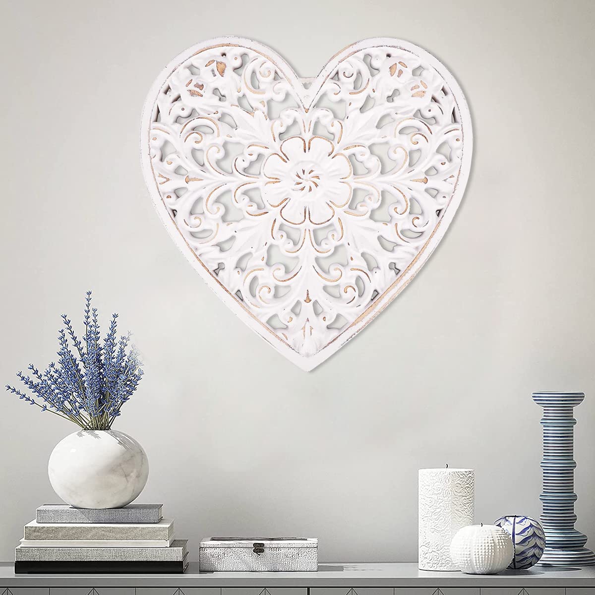 Wood Wall Panel Hanging Decor, 30*30cm Heart-shaped & Square Decorative Carved Floral-Patterned Distressed White, Rustic Wall Art Sculpture Home Wall Ornament for Hallway Living Room Cafe Office