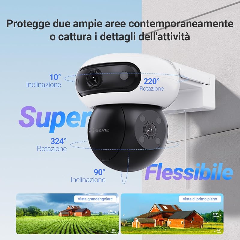 C90 Dual 8MP (4MP+4MP) Telecamera WiFi Esterno con Doppia Lente, Telecamera per Esterni a 360°, Visione Notturna a Colori, Rilevamento Persone/Veicoli, Audio Bidirezionale, Impermeabile