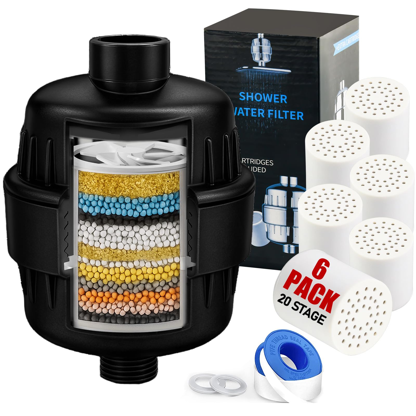 Photo 1 of Matte Black Shower Head Filter with 6 Replacement Cartridges - 20 Stage Water Softener for Hard Water - Reduce Chlorine and Fluoride - Ideal for Improve Skin, Hair, and Scalp Condition