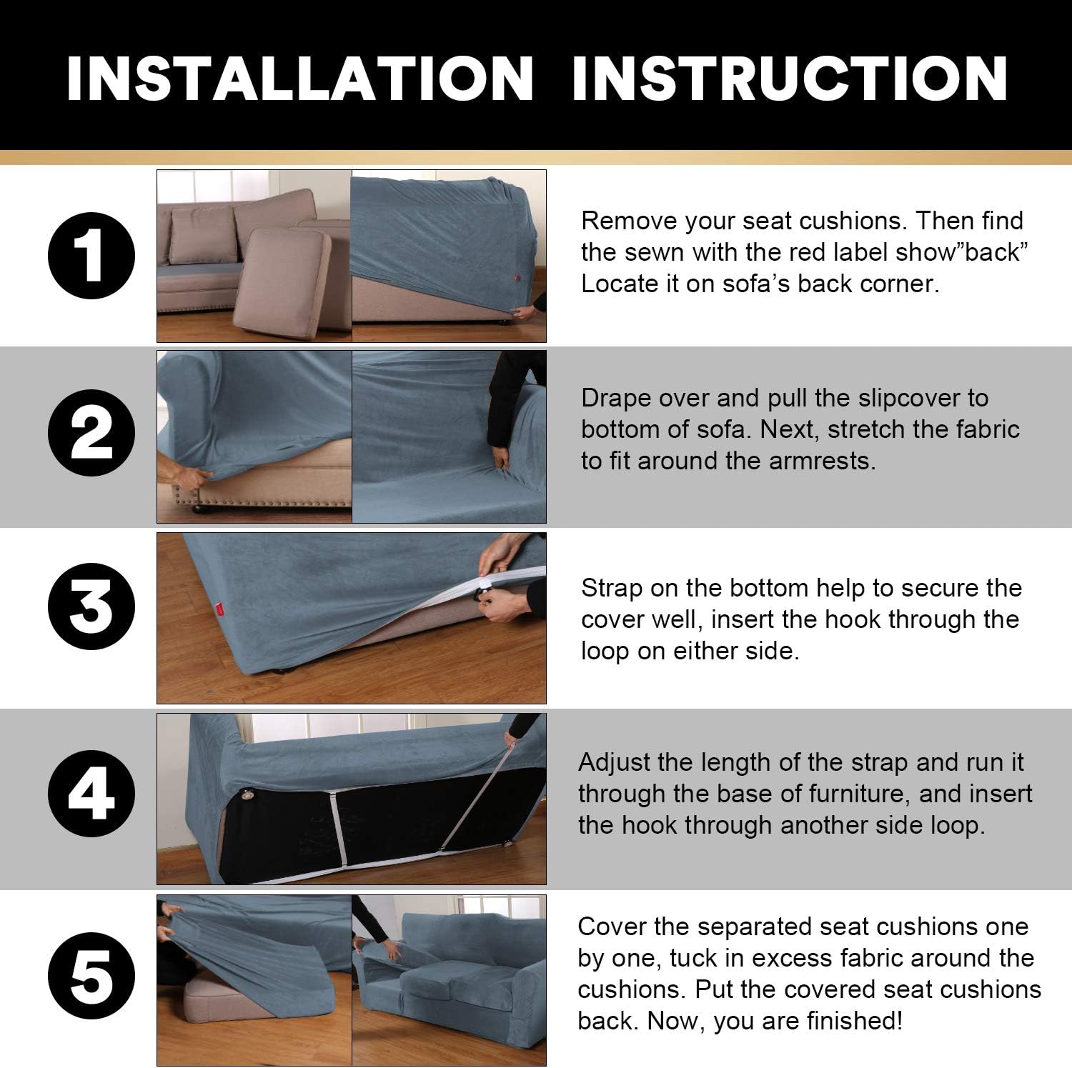 4 Pieces Sofa Covers Stretch Velvet Couch Covers for 3 Cushion Sofa Slipcovers Soft Sofa Slip Covers with 2 Non Slip Straps Furniture Covers with 3 Individual Seat Cushion Covers (Sofa, Stone Blue): Furniture & Decor