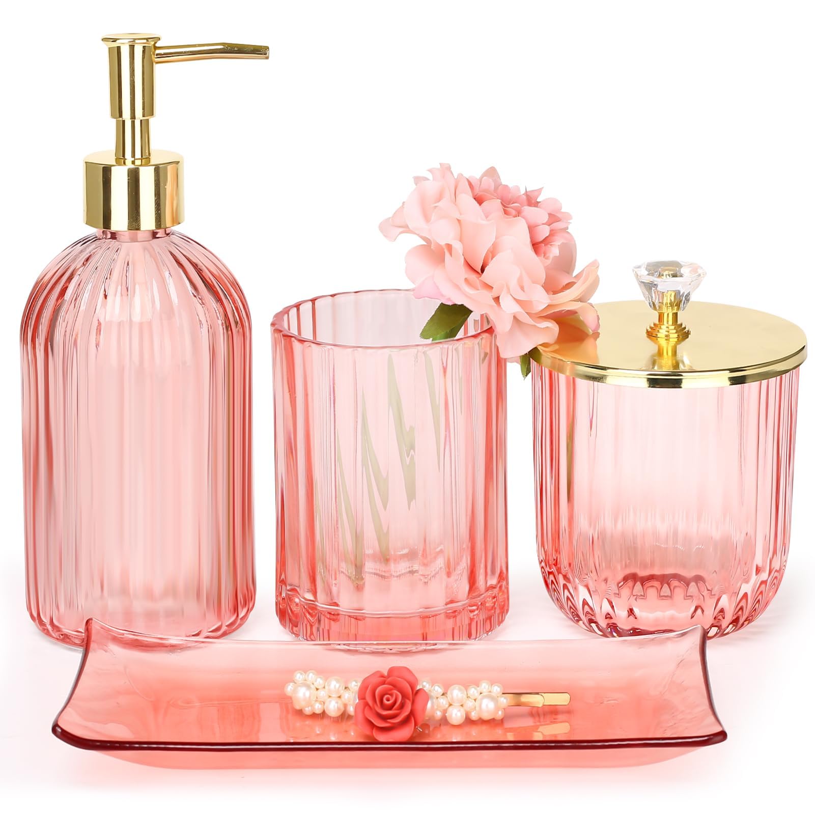 Photo 1 of Haturi Bathroom Accessories Set, 4 Pcs Pink Glass Bathroom Accessories Sets Complete w/Lotion Soap Dispenser, Toothbrush Holder, Apothecary Jar, Vanity Tray, Bathroom Decor, Gift for Home Apartment