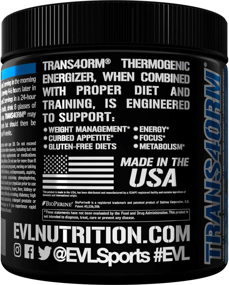 Evlution Nutrition Trans4orm Thermogenic Energizing Fat Burner Supplement, Increase Weight Loss, Energy and Intense Focus, 30 Servings (Blue Raz): Health & Personal Care