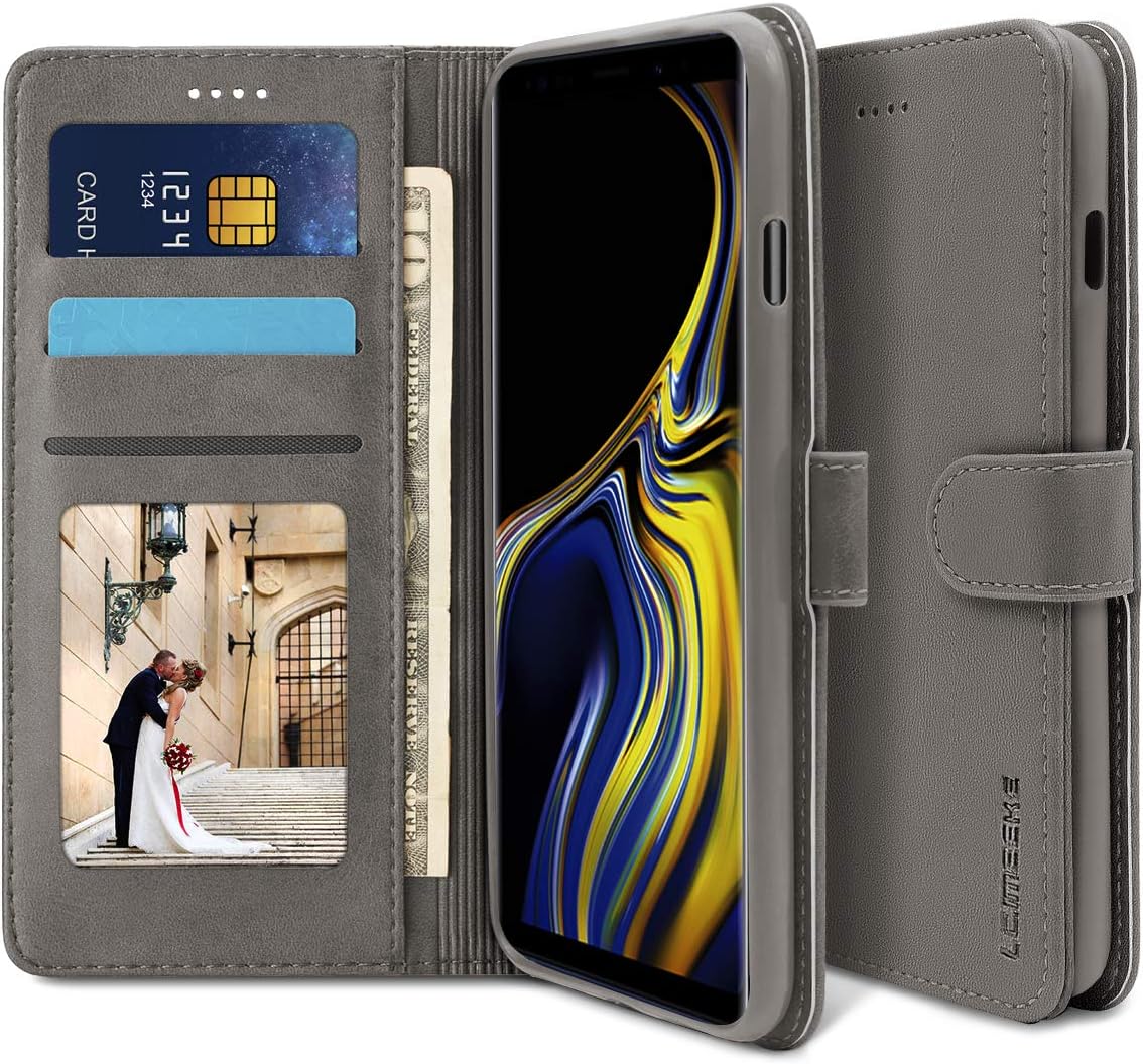 SDB Galaxy Note 9 Wallet Case Flip with Cash and Card Holder Kickstand Magnetic Closure Flexible PU Leather + Soft TPU Phone Cover Holster for Galaxy Note 9 (Grey)