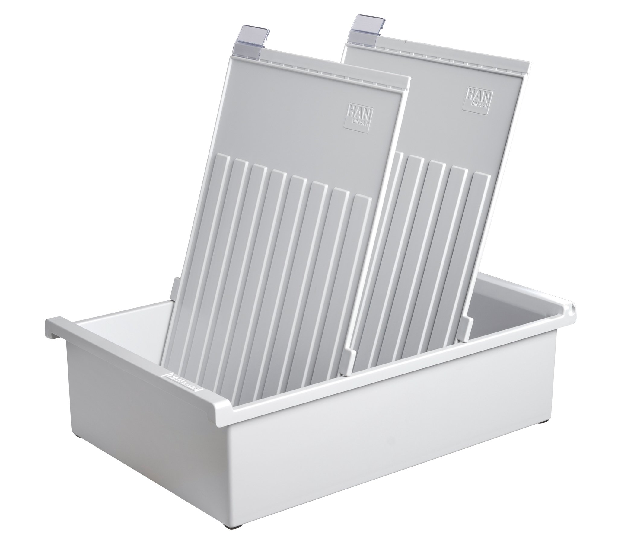 HAN 954-0-1-11, Card index tray A4 portrait. Innovative, attractive design holds 1,300 cards, supplied with 2 support plates with clear file clips, light-grey