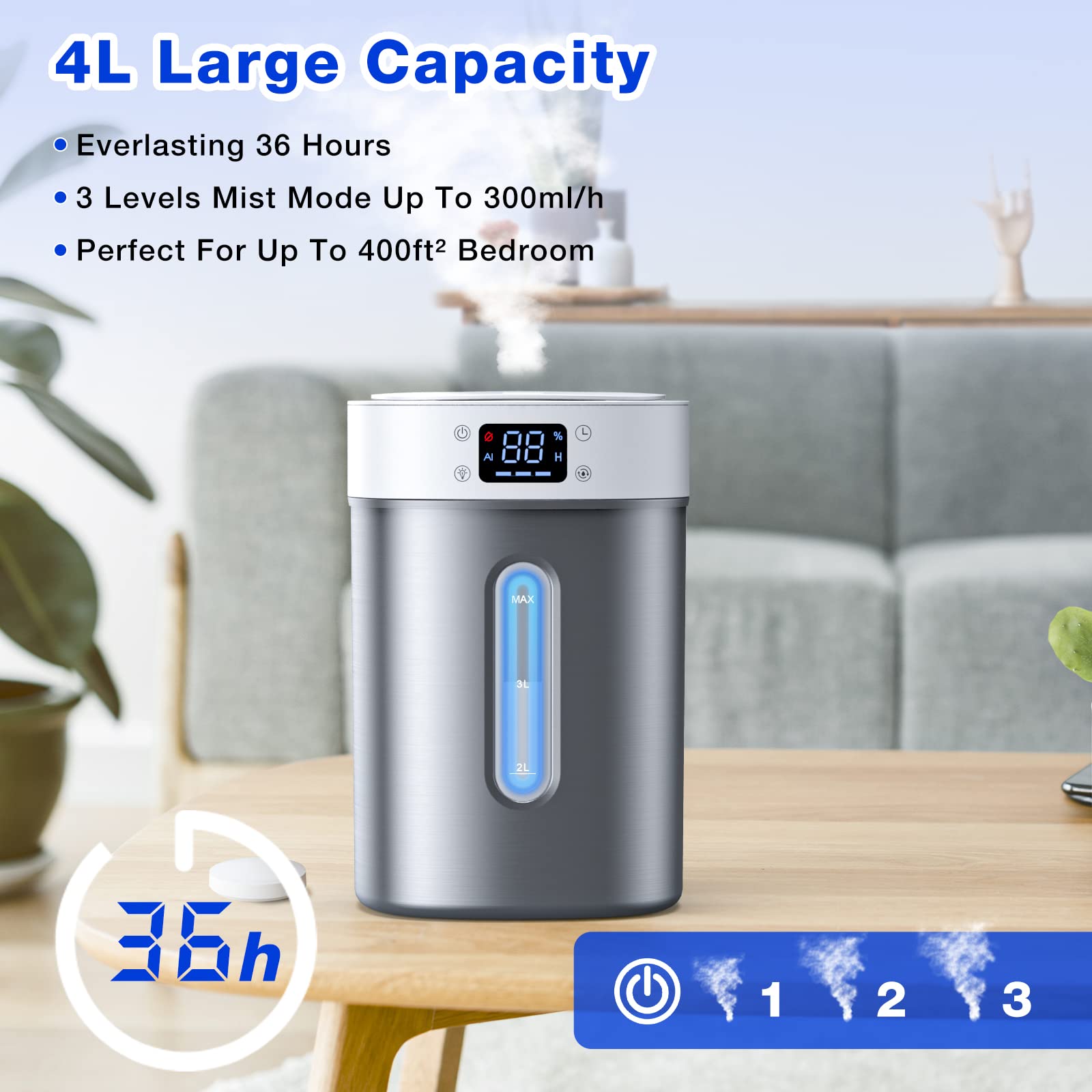 4L Ultrasonic Cool Mist Humidifier with 304 Stainless Steel Tank, Auto Humidity Control, Night Light, and Timer - For Large Rooms and Baby