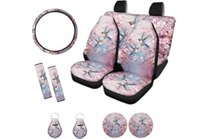 Xoenoiee Hummingbird Pink Flower Pattern 11 Pack Universal Car Seat Covers Front & Rear Car Interior Accessories with Steering Wheel Cover, Seat Belt Pads, Cup Coaster, Key Chains