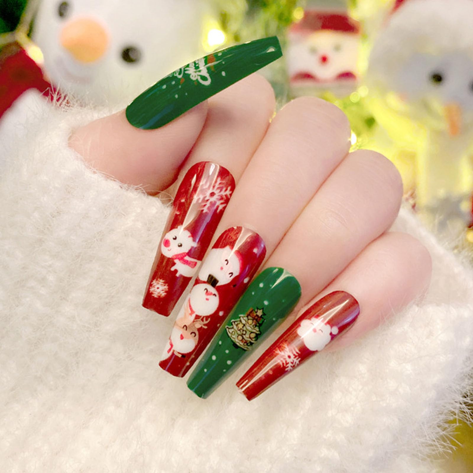 24Pcs Christmas Press on Nails - Cute Snowman Pattern Designs, Red and Green Full Cover Fake Acrylic Nails for Nail Art Accessories