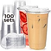 100 Pack 32 oz Clear Plastic Cups with Strawless-Sip-Lids, Disposable Cups Plastic Iced Coffee Cups, To Go Cups with Sip Through Lids for Smoothie, Milkshake, Cold Drinks for Party, Wedding, Event