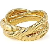 Emibele Gold Bangles Bracelet Set for Women, 18K Gold Plated Chunky Stainless Steel Non Tarnish Stretch Bracelet Stack, Flexible Wide Wristband Bangle Layered Snake Chain Bracelets