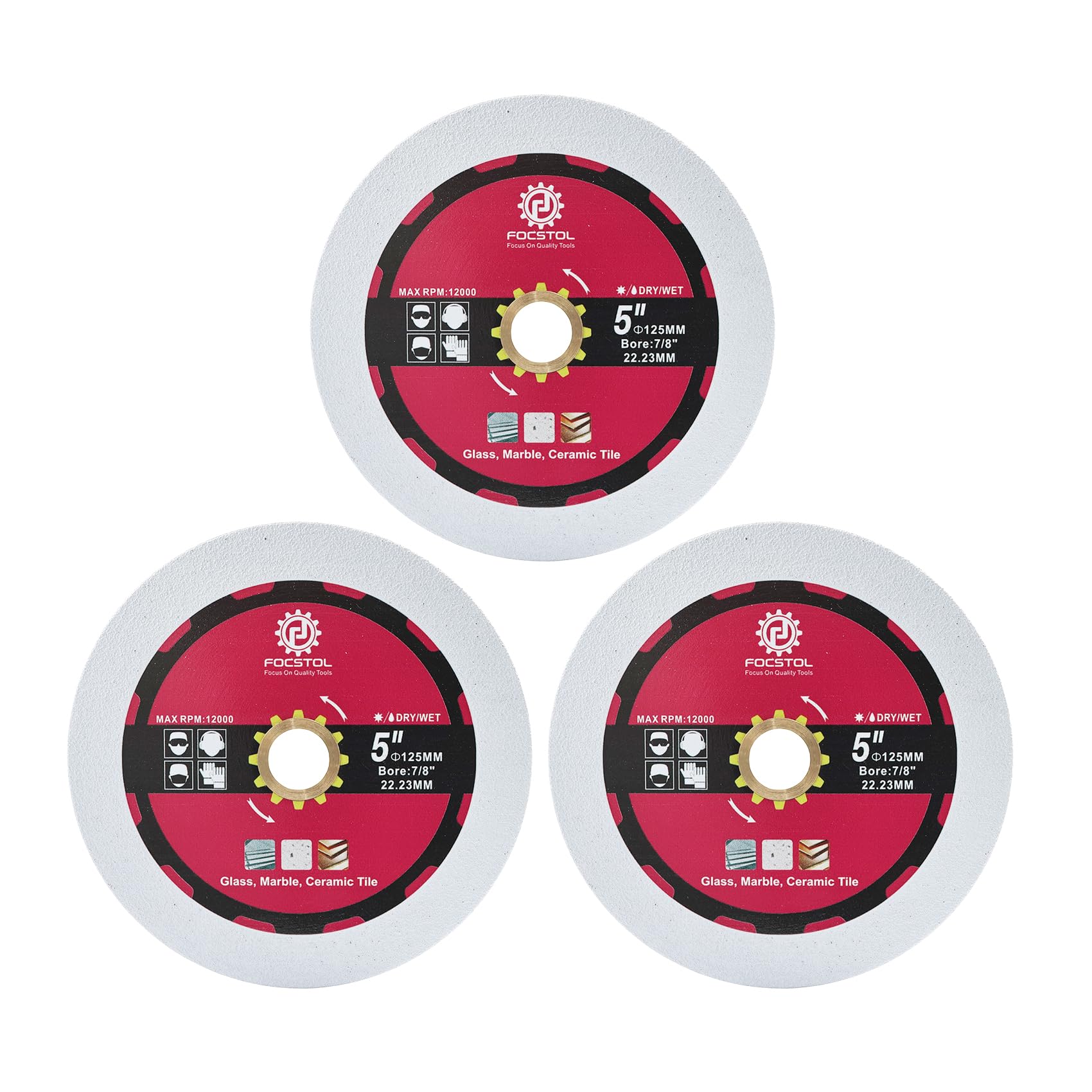 FOCSTOL Diamond Glass Cutting Disc - 3pcs 125mm Diamond Saw Blade for Glass Ceramic Tile Marble for Angle Grinder Arbor 22.23mm x 15.875mm