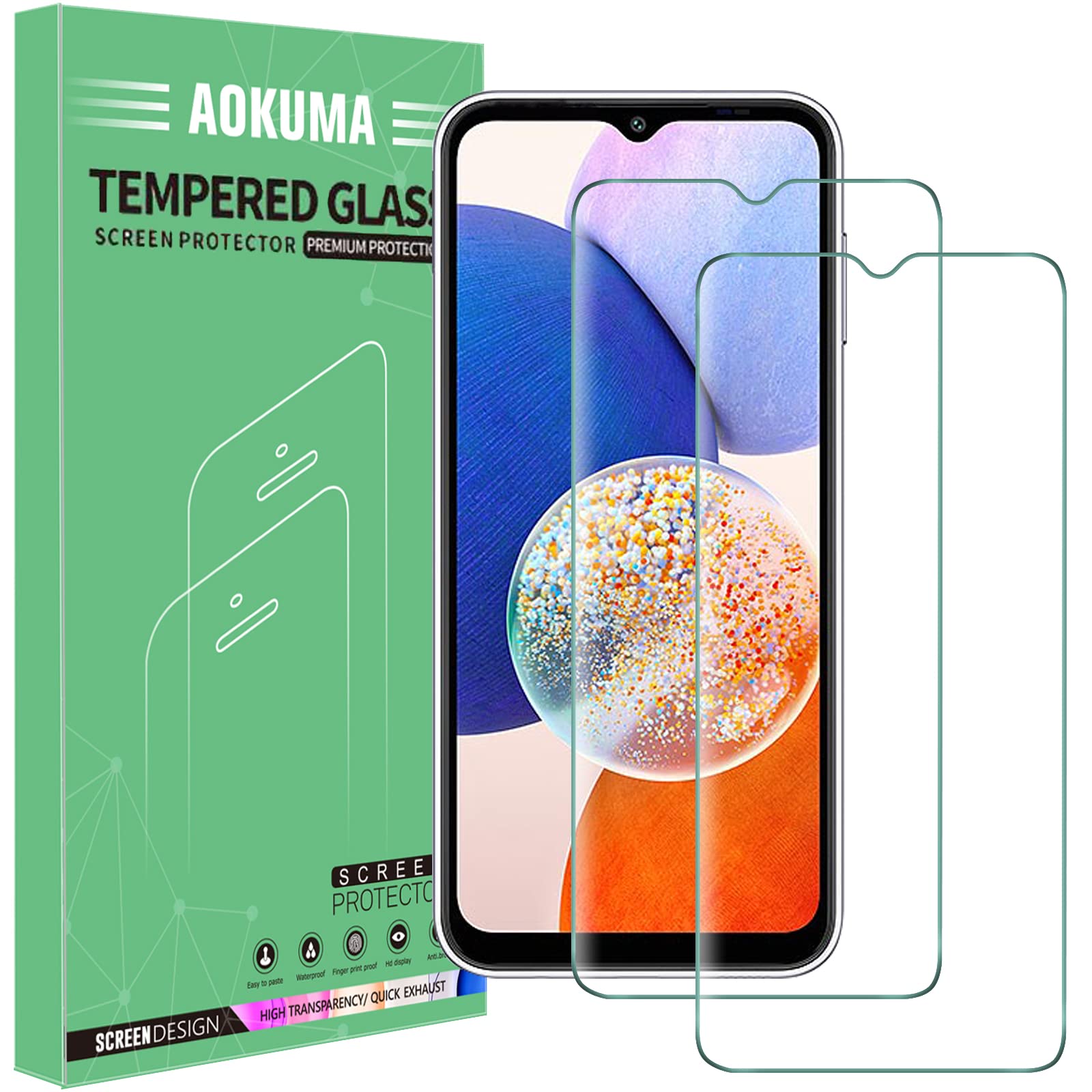 AOKUMA Tempered Glass for Samsung Galaxy A14 5G Screen Protector, [2 Pack] Premium Quality Guard Film, Case Friendly, Shatterproof, Shockproof, Scratchproof oilproof