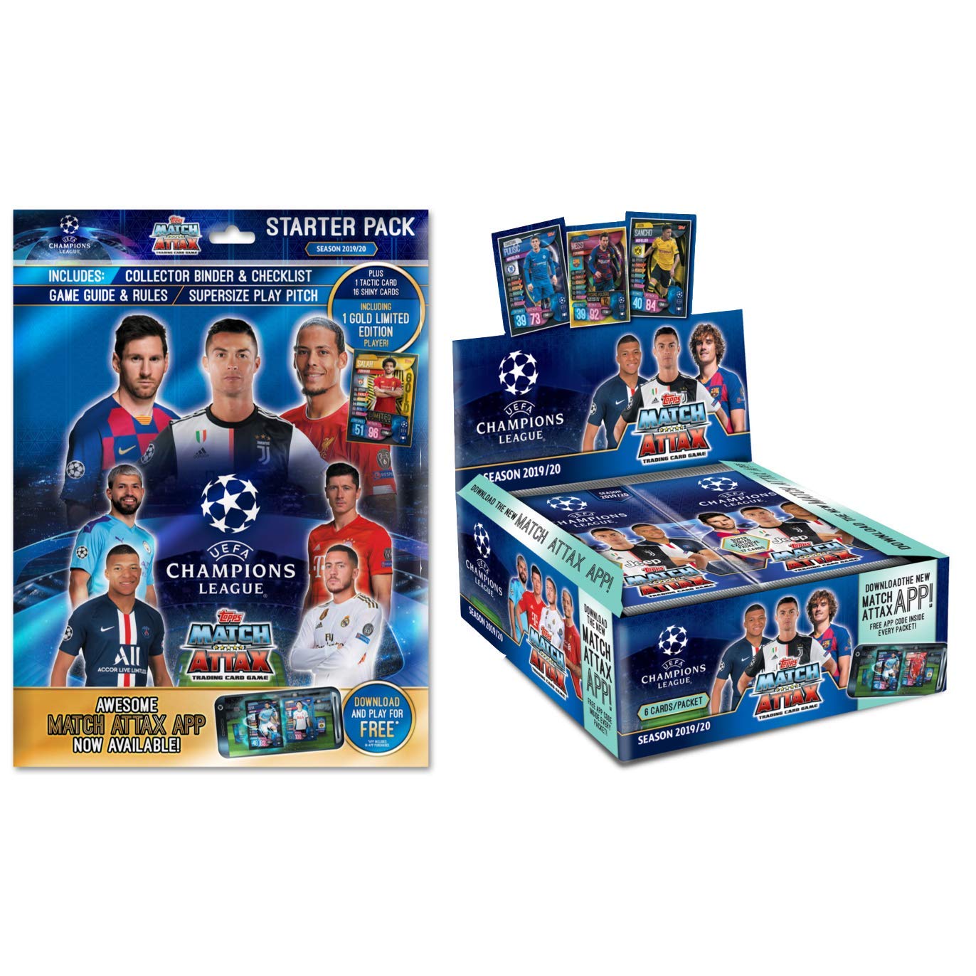 Champions League 2019-20 Topps Match Attax Cards - Starter Pack & Box Combo (Album, 240 Cards + Limited Edition Gold Salah Card)