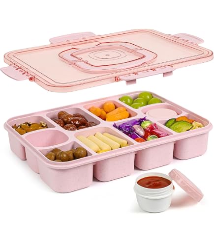 WATUNID Lot de 2 boîtes à goûter pour enfants, boîtes à goûter avec compartiment amovible à grilles et plateau de service divisé avec couvercle pour collations, bonbons, noix, aliments pour l'école