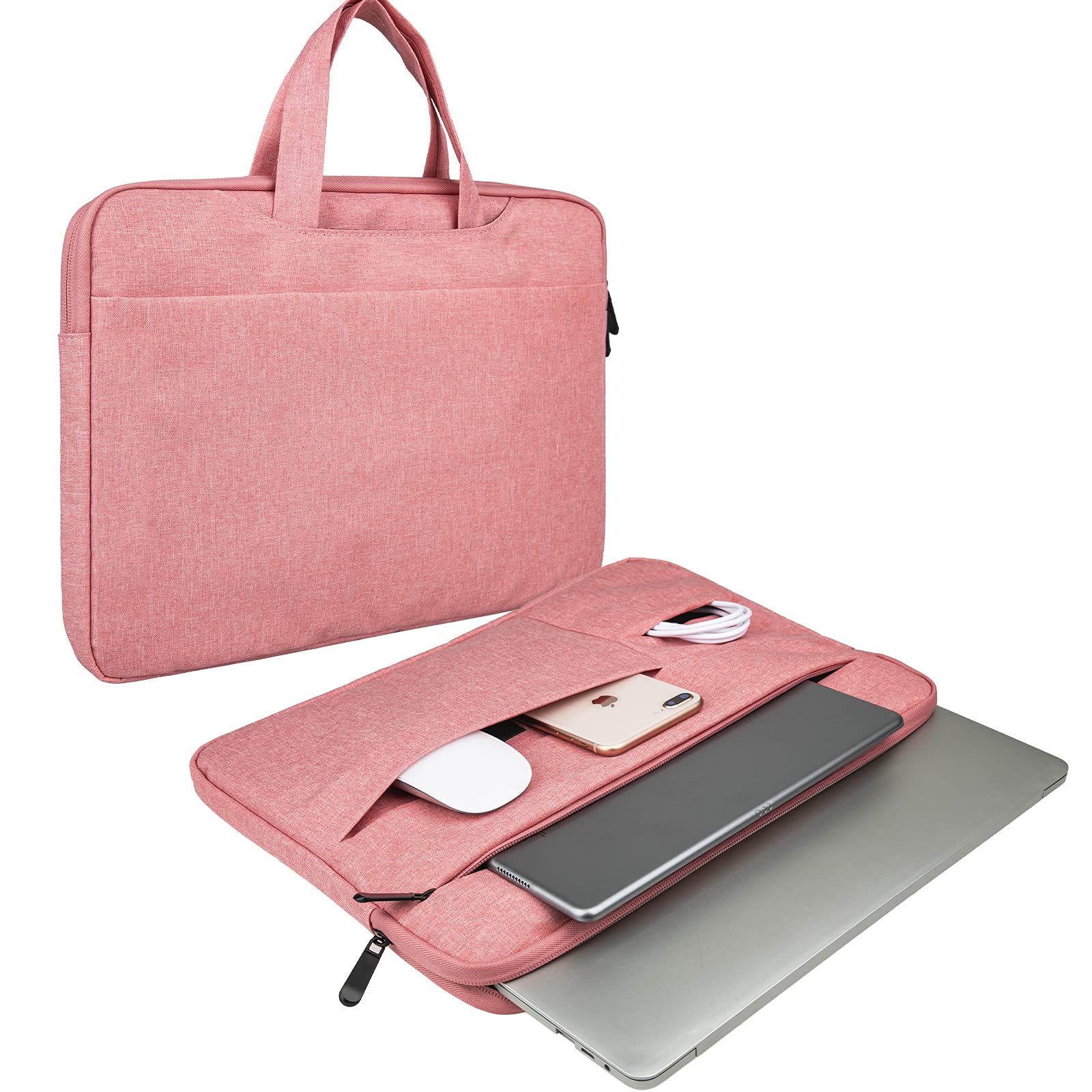 RAINYEAR 15.6" Laptop Sleeve Carrying Case Compatible with 15.6 Inch Notebook Computer Chromebook Briefcase with Hidden Handle Multiple Pocket Protective Padded Polyester Waterproof Computer Bag,Pink