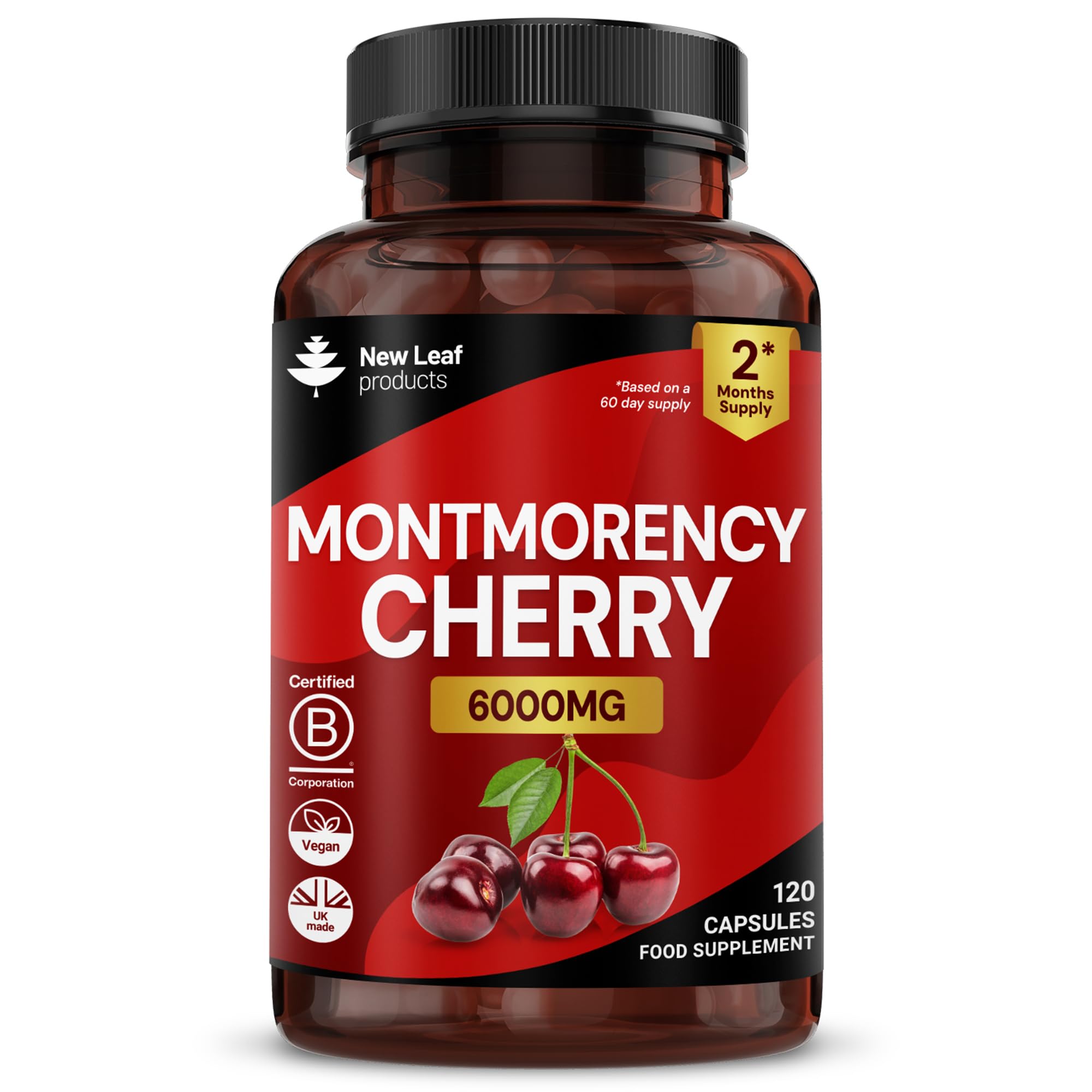 Montmorency Cherry 6000mg - 120 Capsules High Strength Concentrate - Natural Tart Cherry Vegan Supplements (not Tablets or Powder) - Non-GMO, 2 Months Supply - (2 per Serving) Made in The UK
